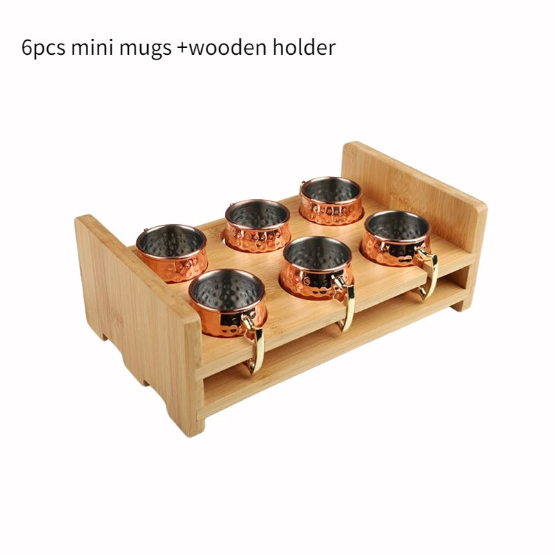6pcs/set 60ML Mini Mugs Moscow Mule Mug With Wooden Holde Cocktail Cups Stainless Steel Hammered Copper Plated Beer Wine Mug