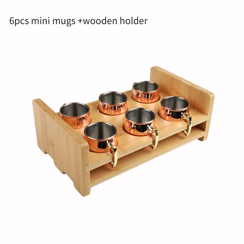 6pcs/set 60ML Mini Mugs Moscow Mule Mug With Wooden Holde Cocktail Cups Stainless Steel Hammered Copper Plated Beer Wine Mug