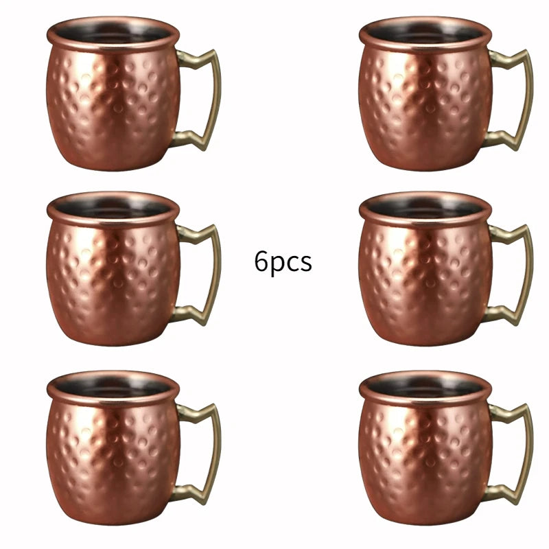6pcs/set 60ML Mini Mugs Moscow Mule Mug With Wooden Holde Cocktail Cups Stainless Steel Hammered Copper Plated Beer Wine Mug