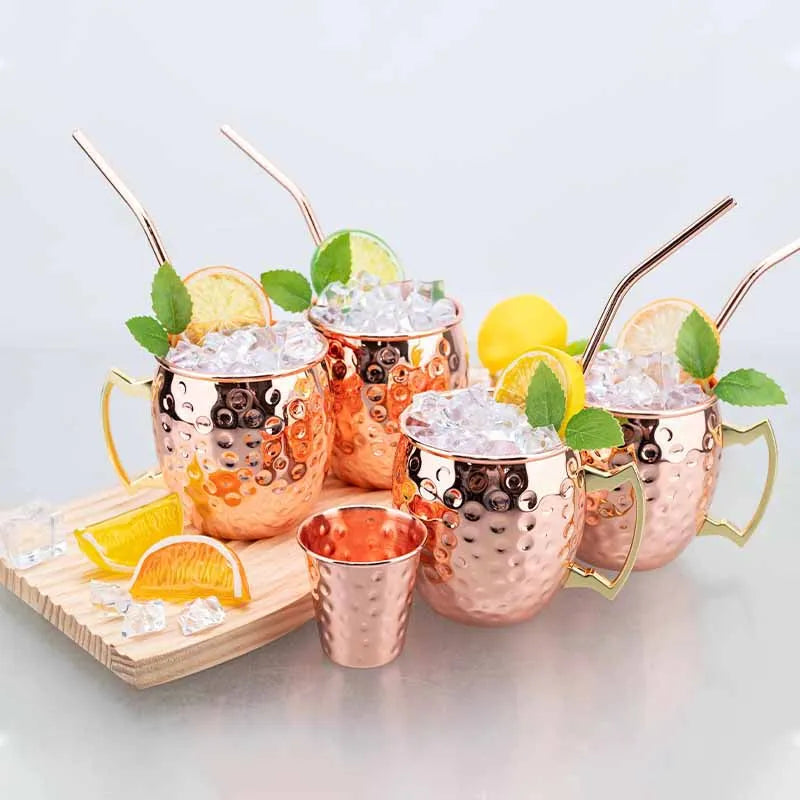 Moscow Mule Mug Set with Straw Copper Plated Hammered 350ml - 304 Stainless Steel Mini Cups with Gift Box for Bar and Home